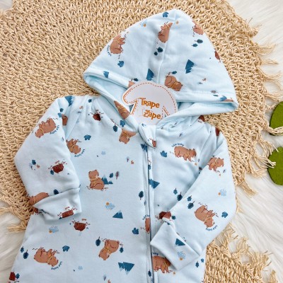 Macacão Acolchoado com Capuz Ursos - Azul Bebê